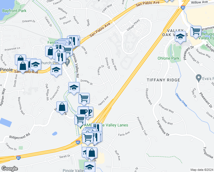 map of restaurants, bars, coffee shops, grocery stores, and more near 2575 Francis Drive in Pinole
