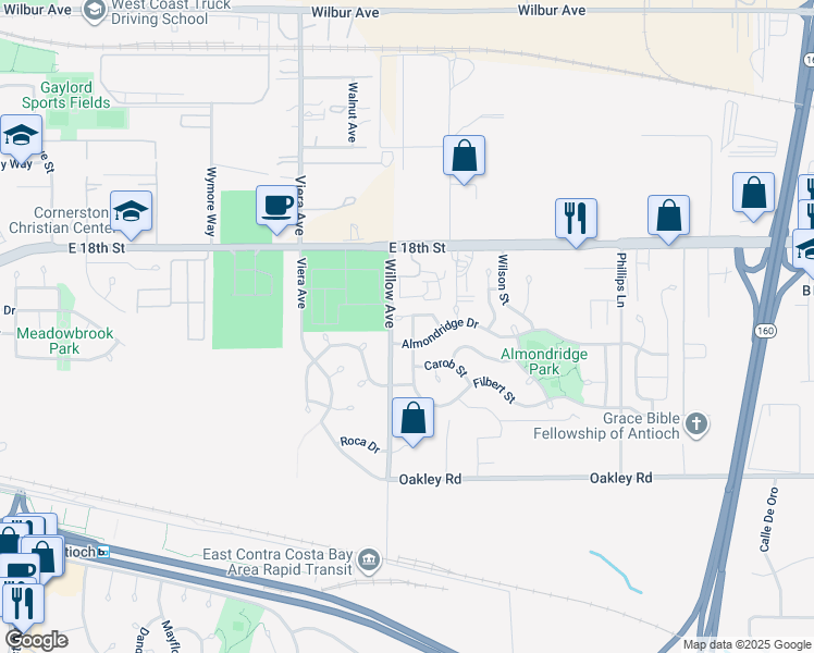 map of restaurants, bars, coffee shops, grocery stores, and more near 2604 Filbert Street in Antioch