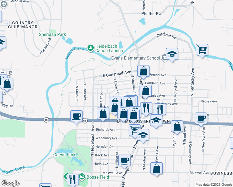 map of restaurants, bars, coffee shops, grocery stores, and more near 411 E Parkland Ave in Evansville