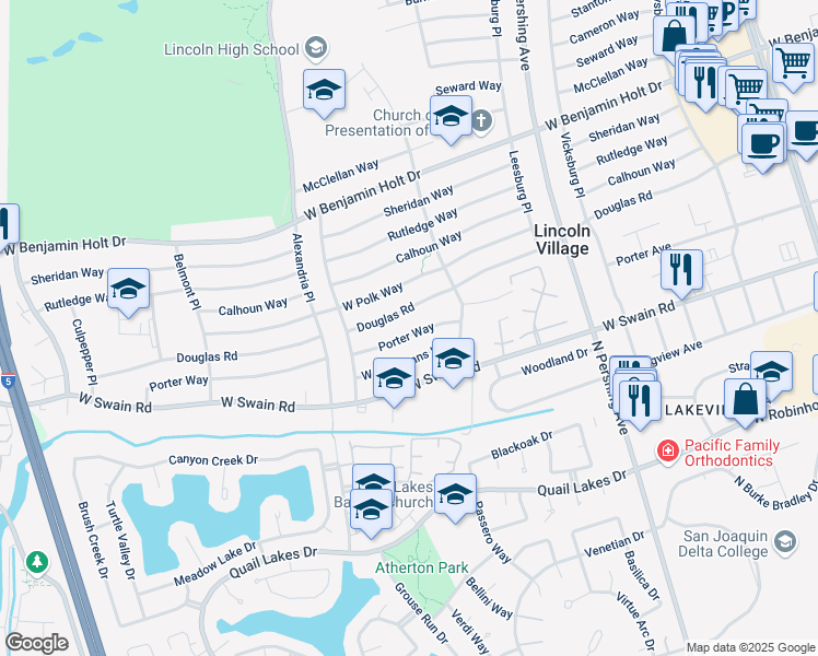 map of restaurants, bars, coffee shops, grocery stores, and more near 2004 Douglas Road in Stockton