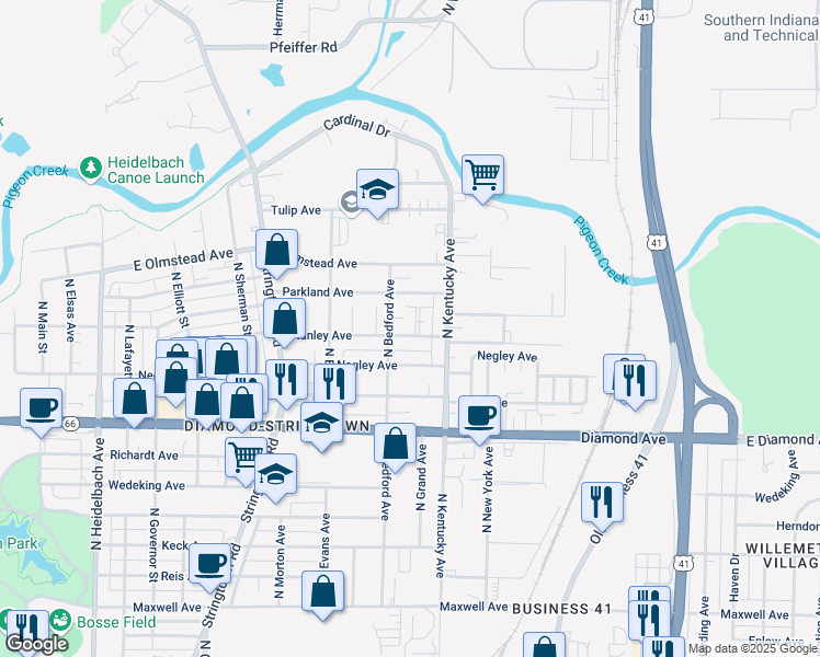 map of restaurants, bars, coffee shops, grocery stores, and more near 2554 Longworth Court in Evansville