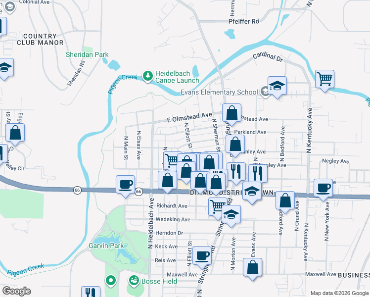map of restaurants, bars, coffee shops, grocery stores, and more near 411 E Parkland Ave in Evansville