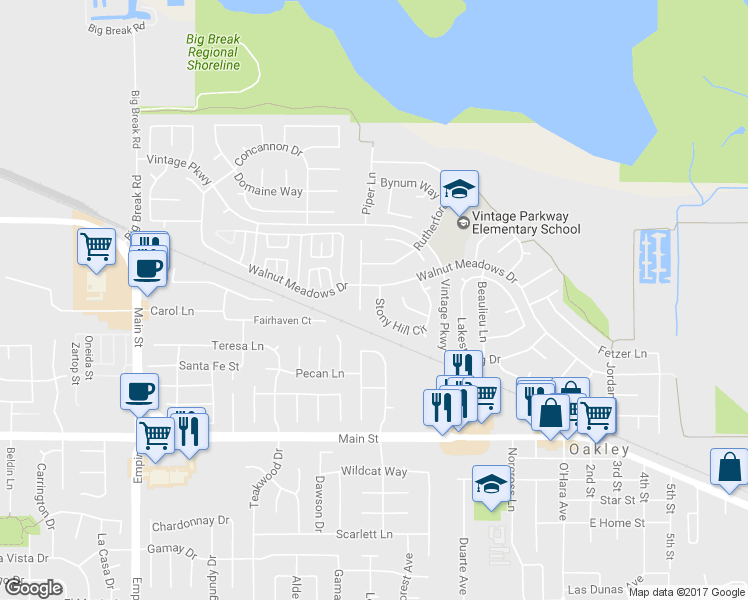 map of restaurants, bars, coffee shops, grocery stores, and more near 367 Stony Hill Circle in Oakley