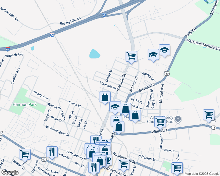 map of restaurants, bars, coffee shops, grocery stores, and more near 114 Magnolia Street in Winchester