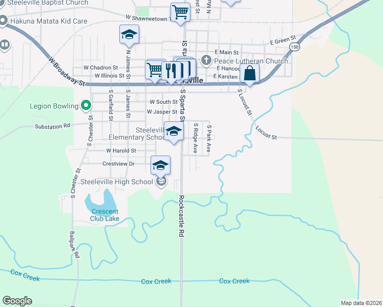 map of restaurants, bars, coffee shops, grocery stores, and more near 611 South Ridge Avenue in Steeleville