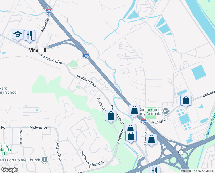 map of restaurants, bars, coffee shops, grocery stores, and more near 4771 Pacheco Boulevard in Martinez