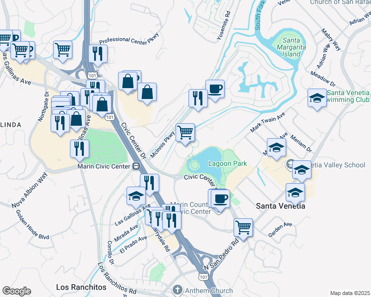 map of restaurants, bars, coffee shops, grocery stores, and more near 10 Avenue of the Flags in San Rafael