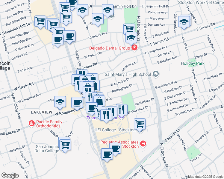 map of restaurants, bars, coffee shops, grocery stores, and more near 215 Nottingham Drive in Stockton