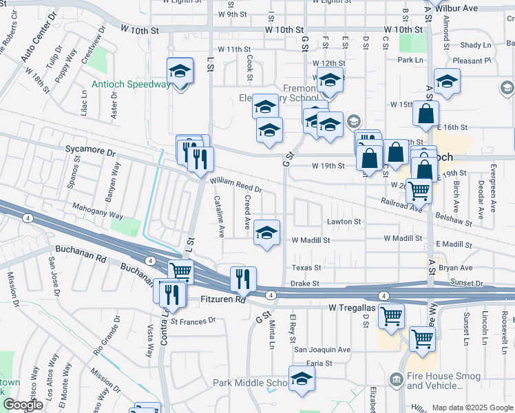 map of restaurants, bars, coffee shops, grocery stores, and more near 205 John Gildi Avenue in Antioch