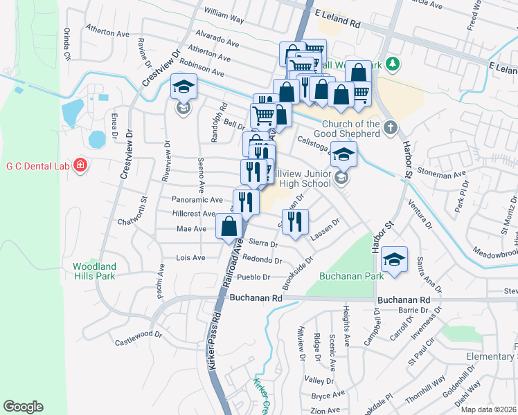 map of restaurants, bars, coffee shops, grocery stores, and more near 115 El Camino Drive in Pittsburg