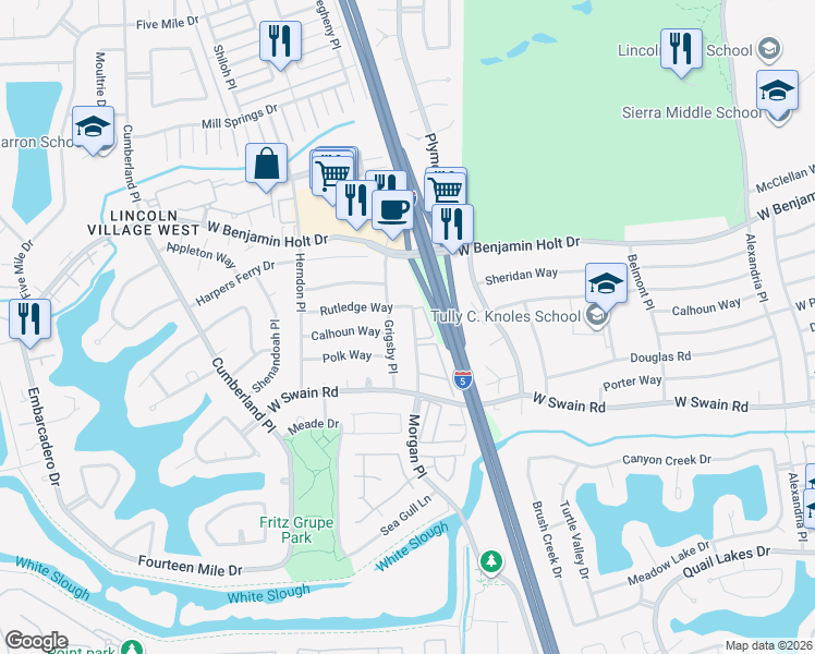 map of restaurants, bars, coffee shops, grocery stores, and more near 6408 Morgan Place in Stockton