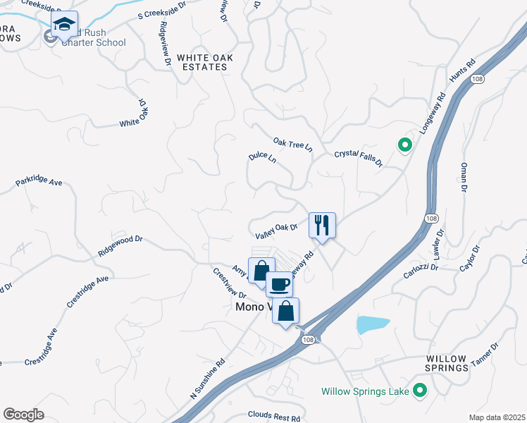 map of restaurants, bars, coffee shops, grocery stores, and more near 17320 Valley Oak Drive in Sonora