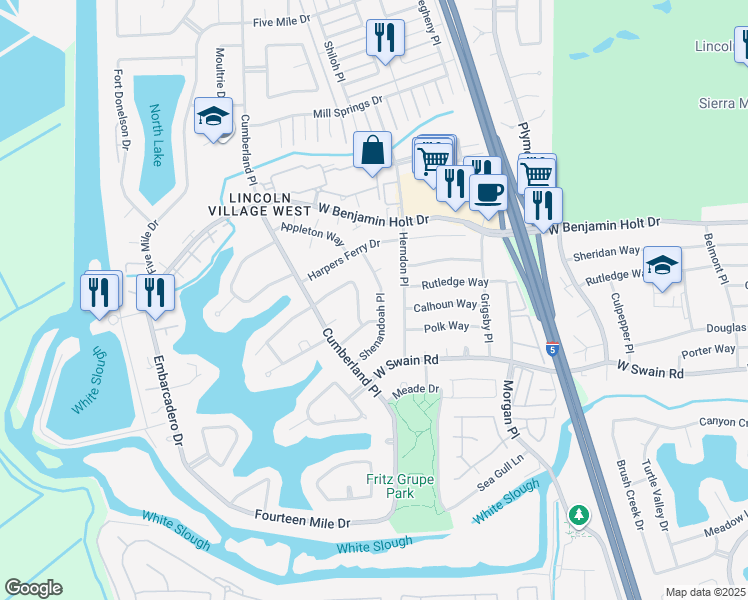 map of restaurants, bars, coffee shops, grocery stores, and more near 6331 Shenandoah Place in Stockton