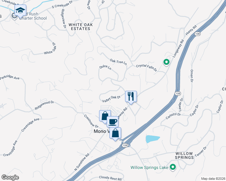 map of restaurants, bars, coffee shops, grocery stores, and more near 17274-17404 Valley Oak Rd in Sonora