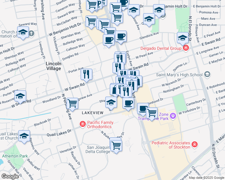 map of restaurants, bars, coffee shops, grocery stores, and more near 822 West Longview Avenue in Stockton