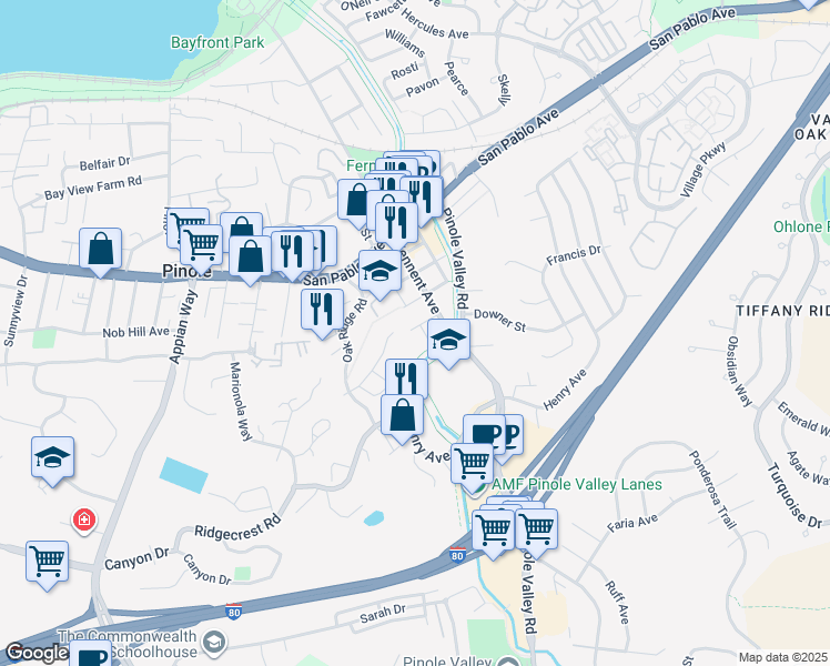 map of restaurants, bars, coffee shops, grocery stores, and more near 2171 Peach Street in Pinole