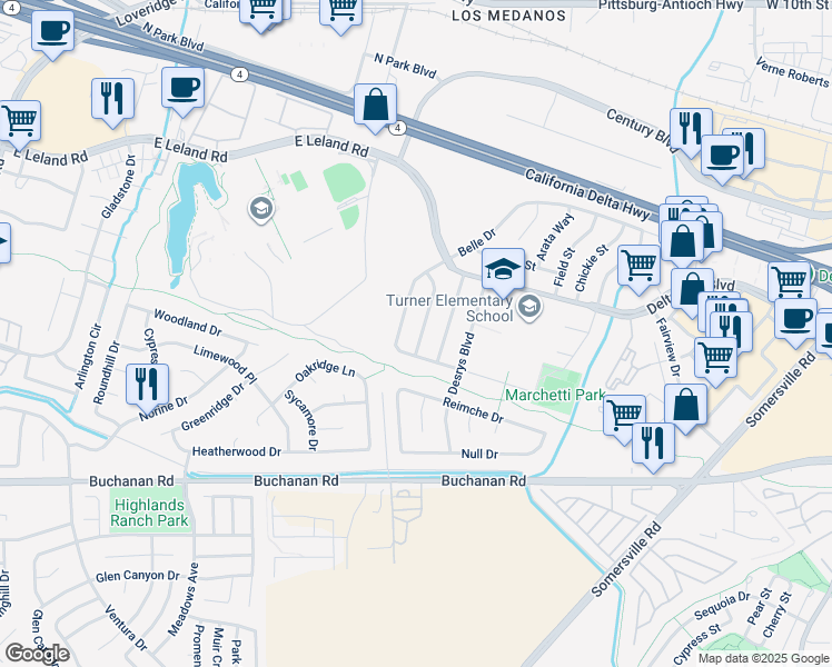 map of restaurants, bars, coffee shops, grocery stores, and more near 4820 Eisenhower Way in Antioch
