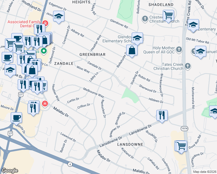 map of restaurants, bars, coffee shops, grocery stores, and more near 315 East Lowry Lane in Lexington
