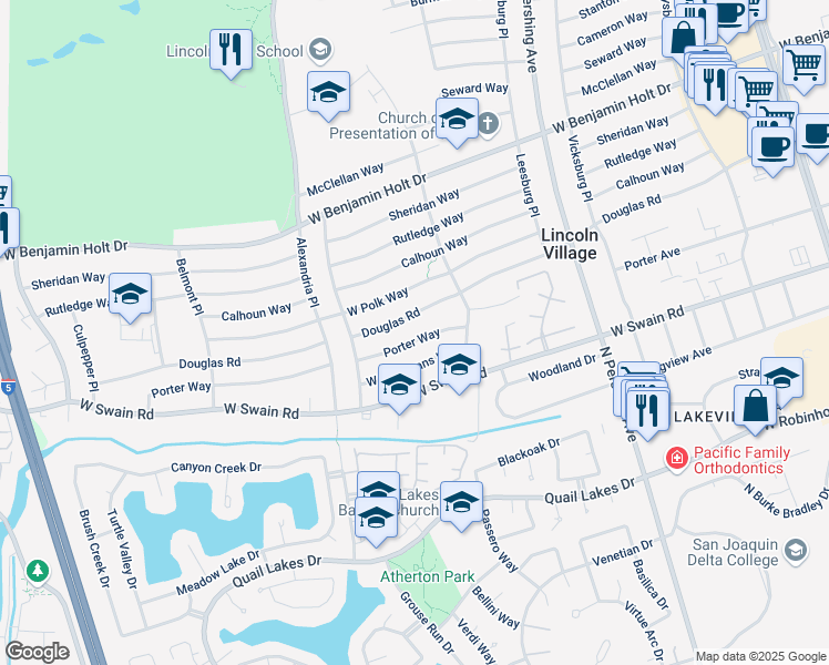 map of restaurants, bars, coffee shops, grocery stores, and more near 2004 Douglas Road in Stockton