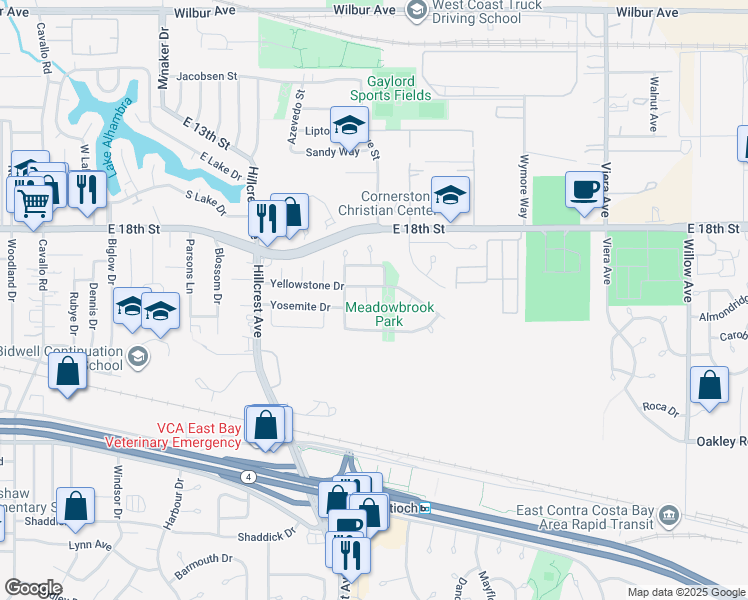 map of restaurants, bars, coffee shops, grocery stores, and more near 1702 Yellowstone Drive in Antioch
