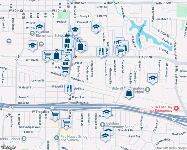 map of restaurants, bars, coffee shops, grocery stores, and more near 1939 Evergreen Avenue in Antioch