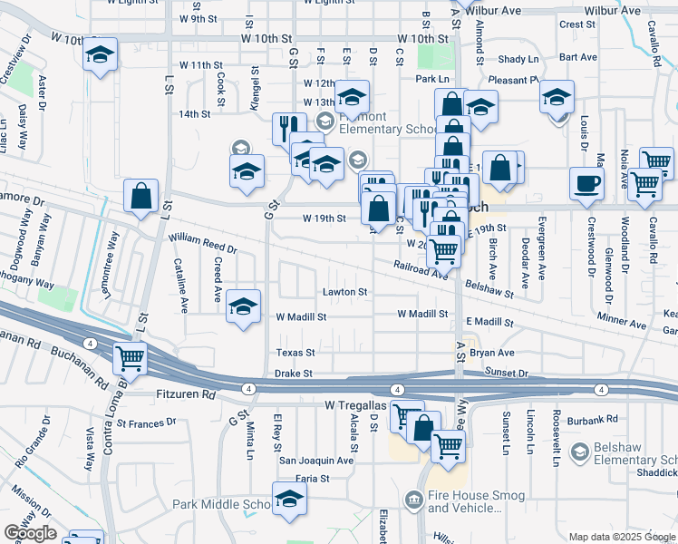 map of restaurants, bars, coffee shops, grocery stores, and more near 414 Lawton Street in Antioch