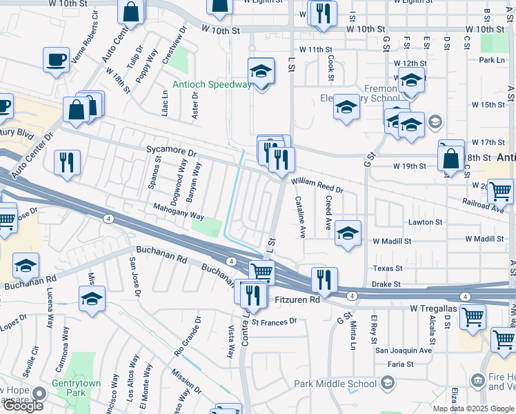 map of restaurants, bars, coffee shops, grocery stores, and more near 2301 Lemontree Way in Antioch
