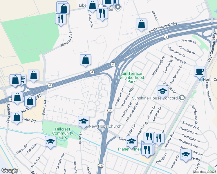 map of restaurants, bars, coffee shops, grocery stores, and more near 3725 Northwood Drive in Concord