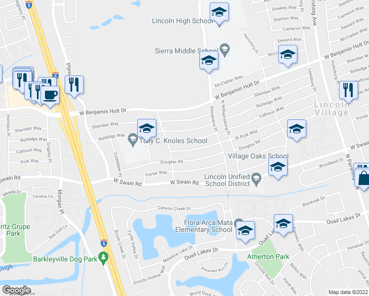 map of restaurants, bars, coffee shops, grocery stores, and more near 2403 West Polk Way in Stockton