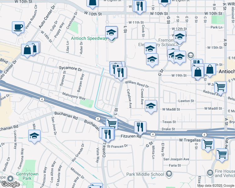 map of restaurants, bars, coffee shops, grocery stores, and more near in Antioch