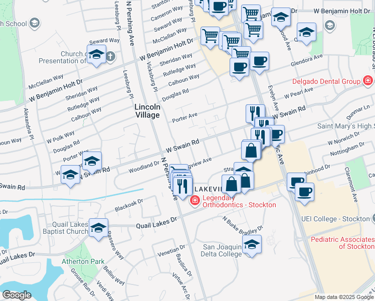 map of restaurants, bars, coffee shops, grocery stores, and more near 5955 Glen Street in Stockton
