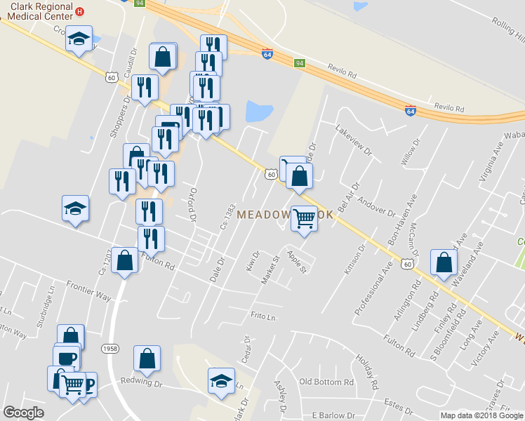 map of restaurants, bars, coffee shops, grocery stores, and more near 3474 Stamper Drive in Winchester