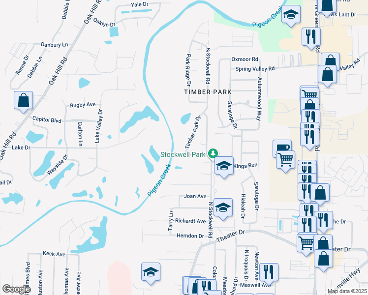 map of restaurants, bars, coffee shops, grocery stores, and more near 2704 Timber Park Drive in Evansville
