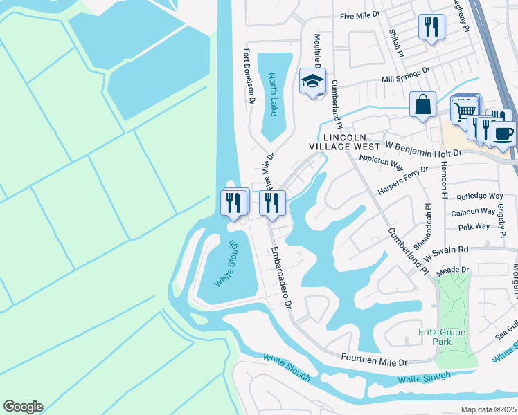 map of restaurants, bars, coffee shops, grocery stores, and more near 6653 Embarcadero Drive in Stockton