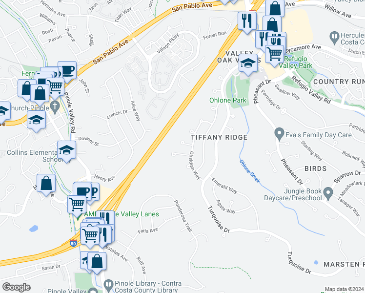 map of restaurants, bars, coffee shops, grocery stores, and more near 121 Peridot Court in Hercules