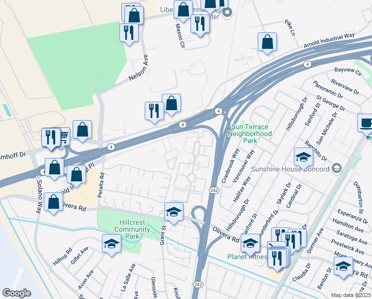 map of restaurants, bars, coffee shops, grocery stores, and more near 3600 Northwood Drive in Concord