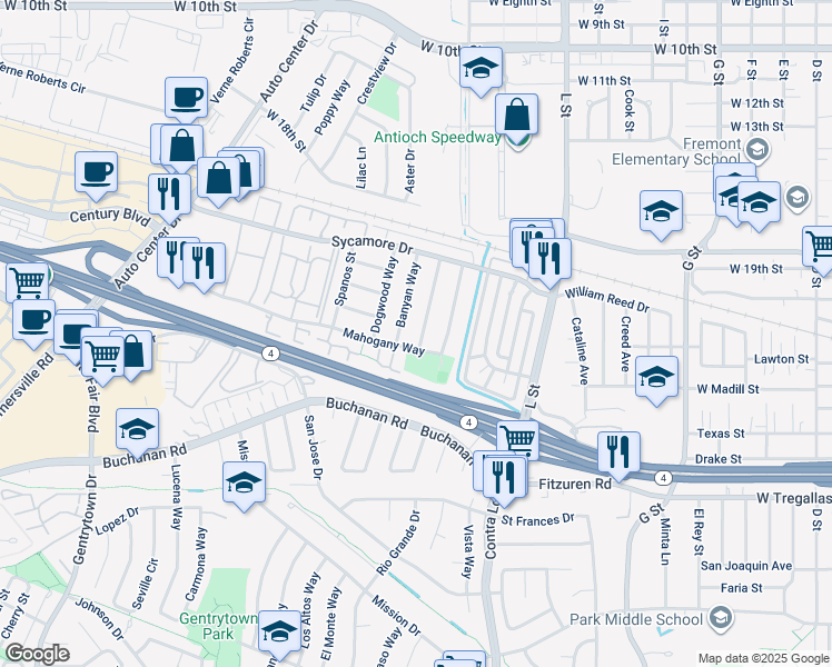 map of restaurants, bars, coffee shops, grocery stores, and more near 2314 Mandarin Way in Antioch