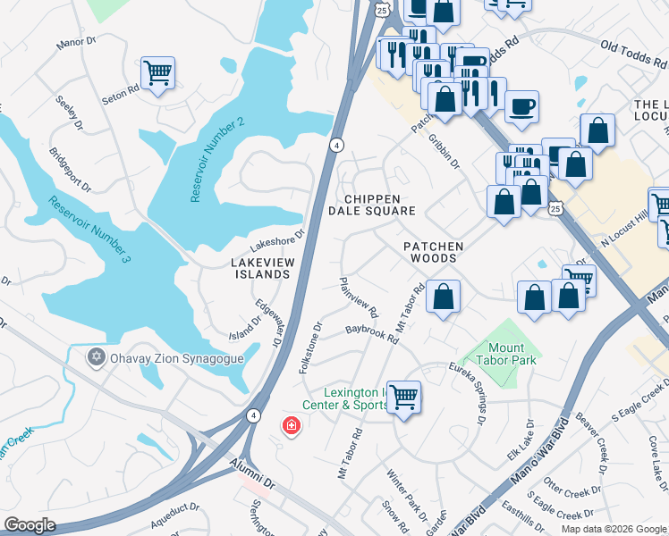 map of restaurants, bars, coffee shops, grocery stores, and more near 2696 Paddock Court in Lexington