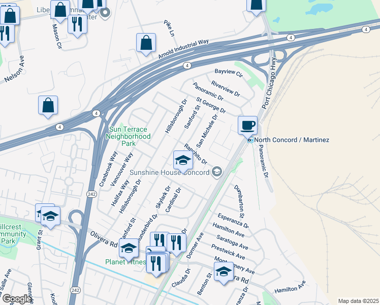 map of restaurants, bars, coffee shops, grocery stores, and more near 2357 Ranchito Drive in Concord