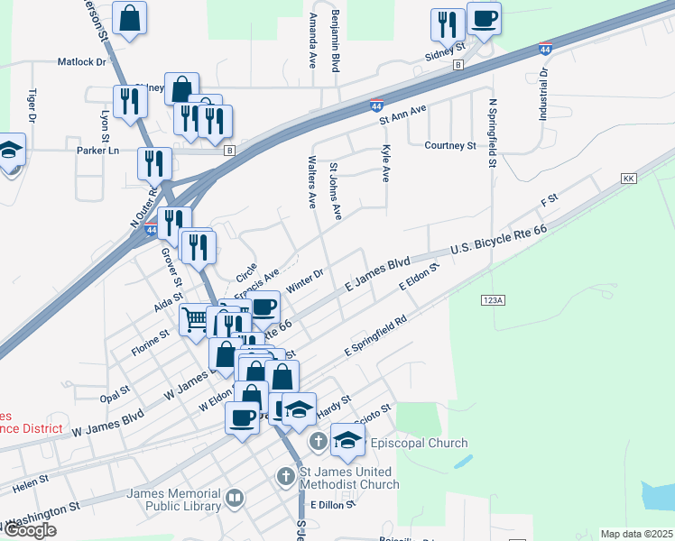 map of restaurants, bars, coffee shops, grocery stores, and more near 402 Winter Drive in Saint James