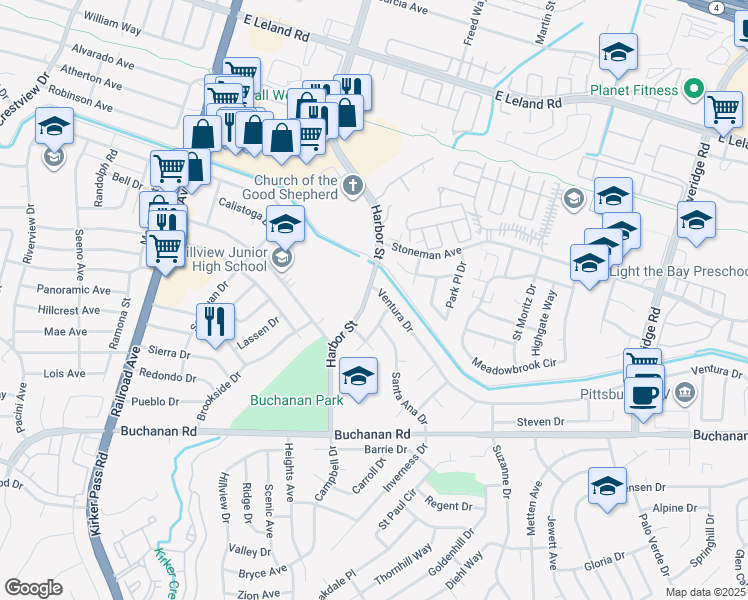 map of restaurants, bars, coffee shops, grocery stores, and more near 3809 Harbor Street in Pittsburg