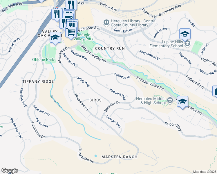 map of restaurants, bars, coffee shops, grocery stores, and more near 100 Hawk Court in Hercules
