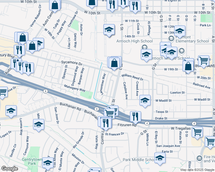 map of restaurants, bars, coffee shops, grocery stores, and more near 2208 Peppertree Way in Antioch