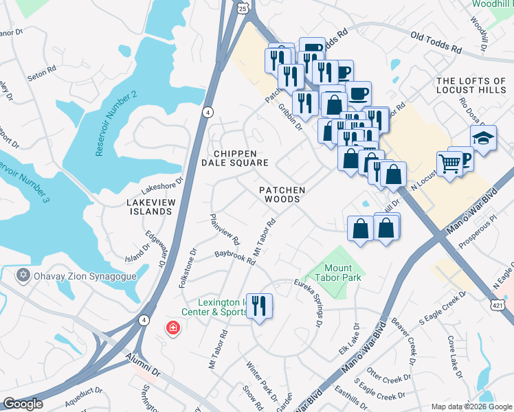 map of restaurants, bars, coffee shops, grocery stores, and more near 404 Cedarvale Court in Lexington