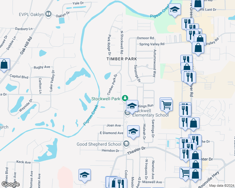 map of restaurants, bars, coffee shops, grocery stores, and more near 3909 Timber Pointe in Evansville
