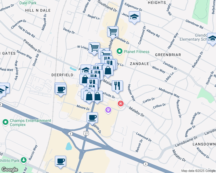 map of restaurants, bars, coffee shops, grocery stores, and more near 100 Malabu Drive in Lexington