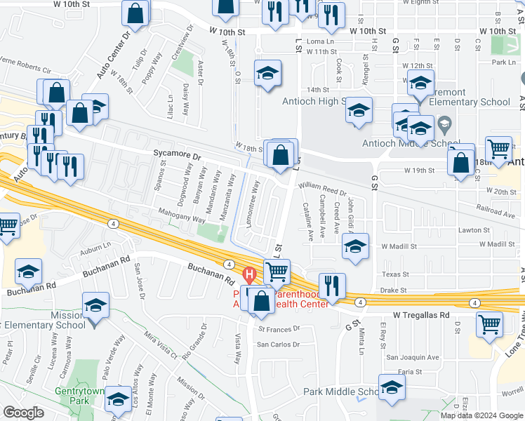 map of restaurants, bars, coffee shops, grocery stores, and more near 2208 Peppertree Way in Antioch