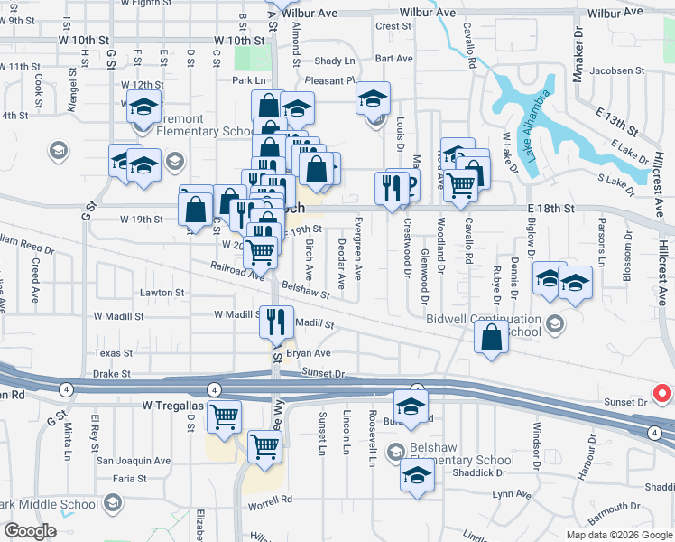 map of restaurants, bars, coffee shops, grocery stores, and more near 1940 Deodar Ave in Antioch