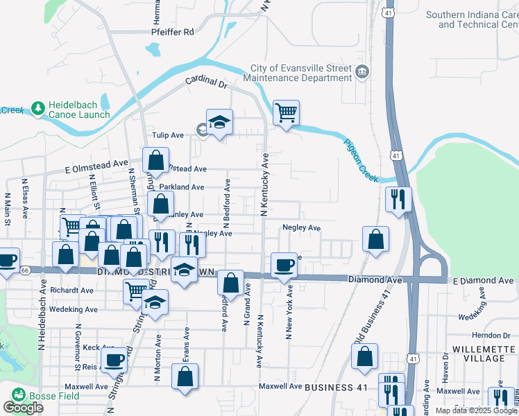 map of restaurants, bars, coffee shops, grocery stores, and more near 2560 North Kentucky Avenue in Evansville