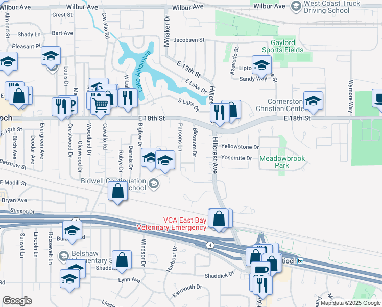 map of restaurants, bars, coffee shops, grocery stores, and more near 1904 Blossom Drive in Antioch